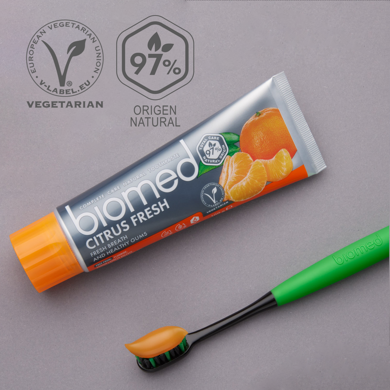 Pasta dental Biomed Citrus Fresh detalle del tubo