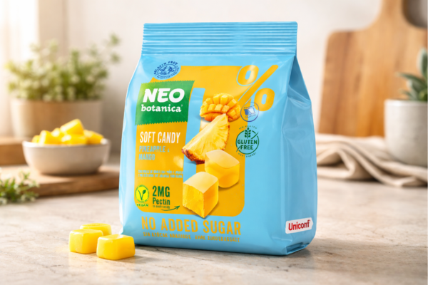 Gomitas NEO BOTANICA de piña y mango en una cocina iluminada.