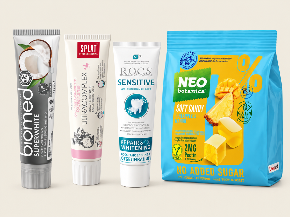 Productos de BIOMED, SPLAT, R.O.C.S. y NEO BOTANICA sobre un fondo claro continuo.